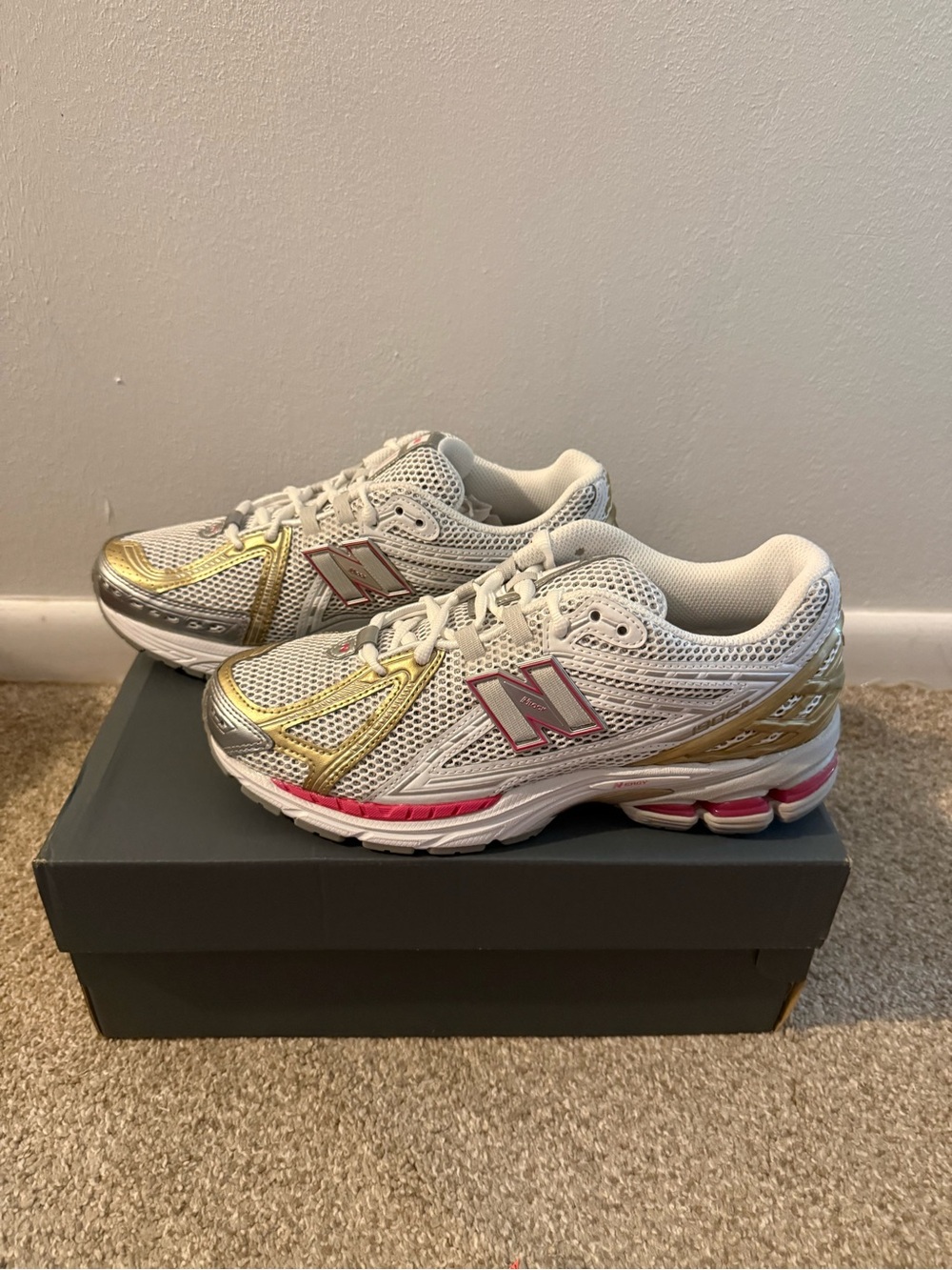 New Balance White Mesh Running Shoes with Pink & Gold Accents